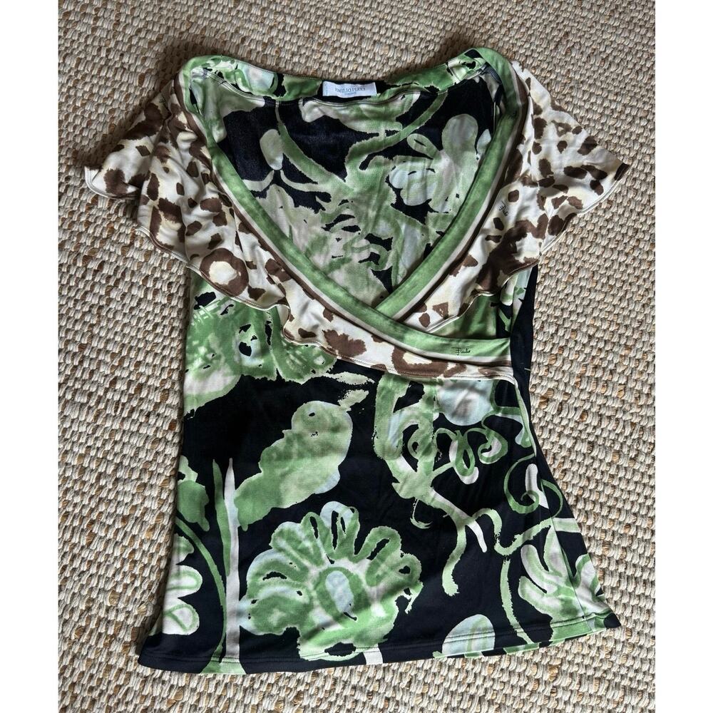 Emilio Pucci Silk Wrap Blouse Green Floral Cheetah Mixed Print Flutter Sleeve S